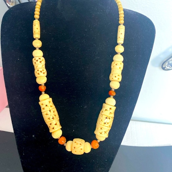 Vintage Hand Carved Necklace with Silver Beads & Natural Stones - Picture 2 of 4